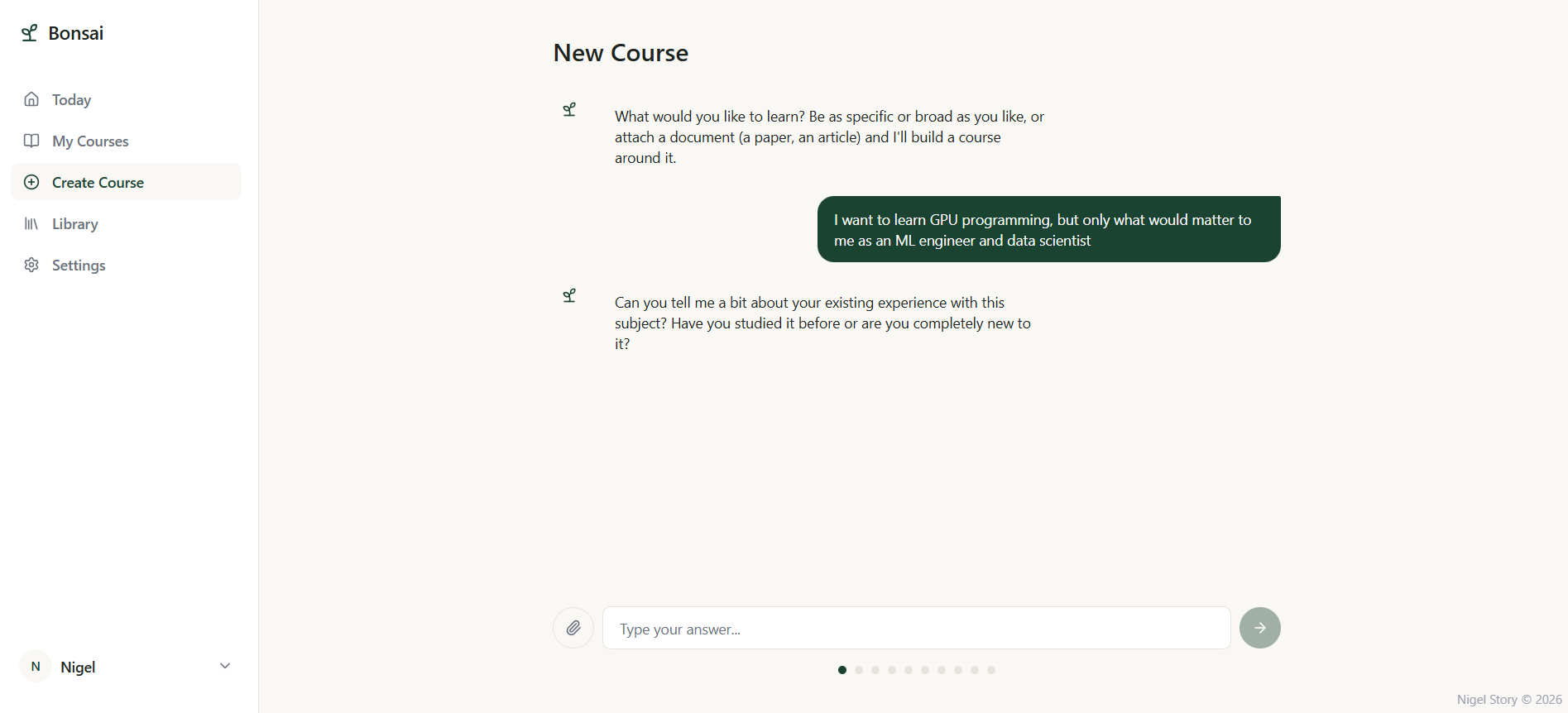 Bonsai course creation page