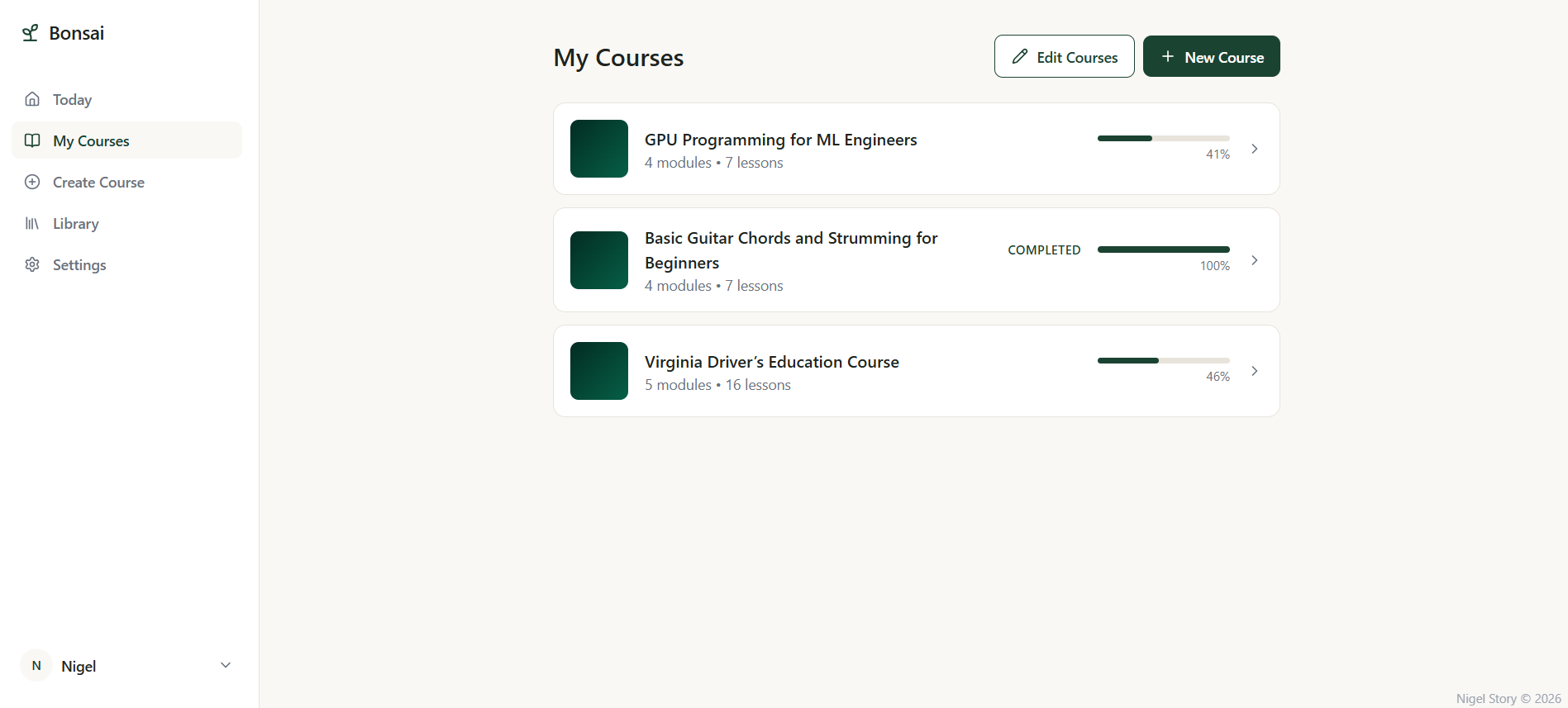 Bonsai course list page